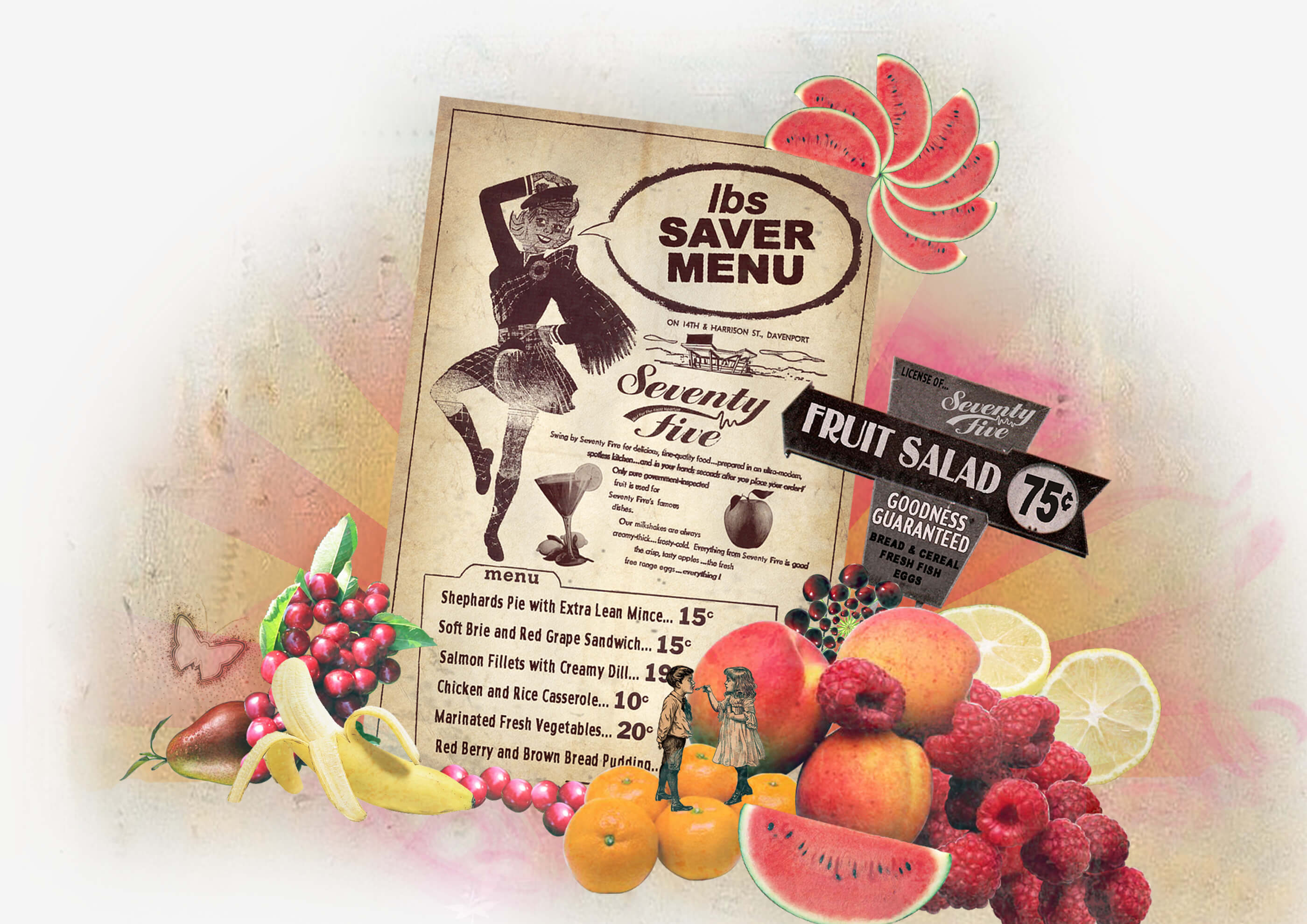 'Lbs Saver Menu' t shirt illustration, featuring a vintage food menu of healthy options surrounded by fruit and vegetables