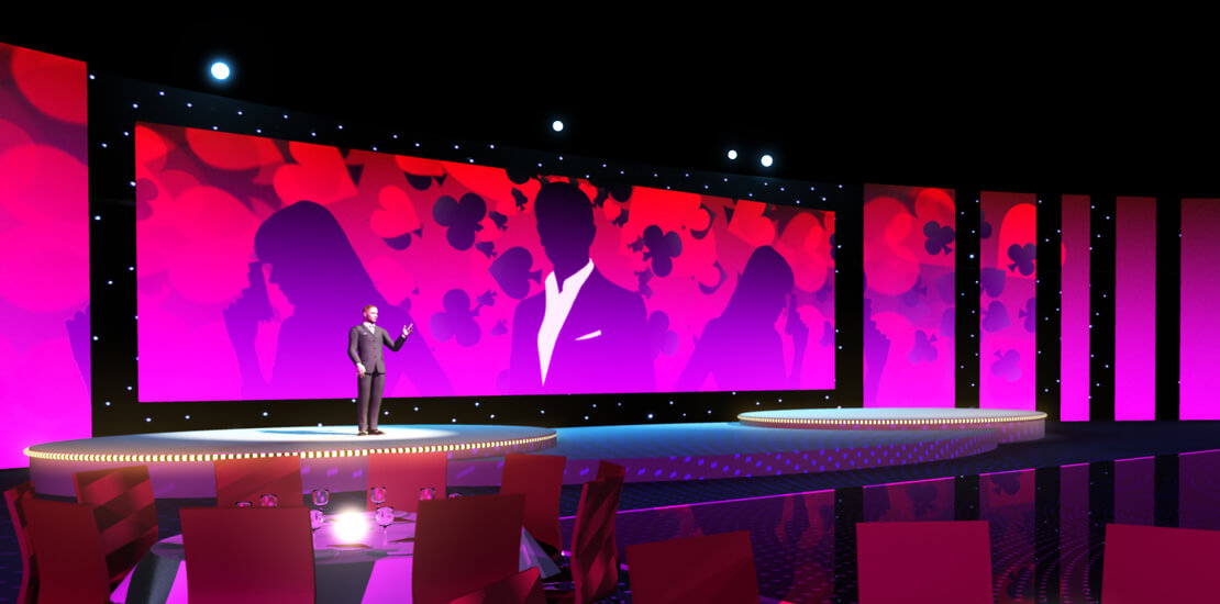 3D render of the themed animated stage backdrop and presenter on stage at the Dixons Retail Peak event