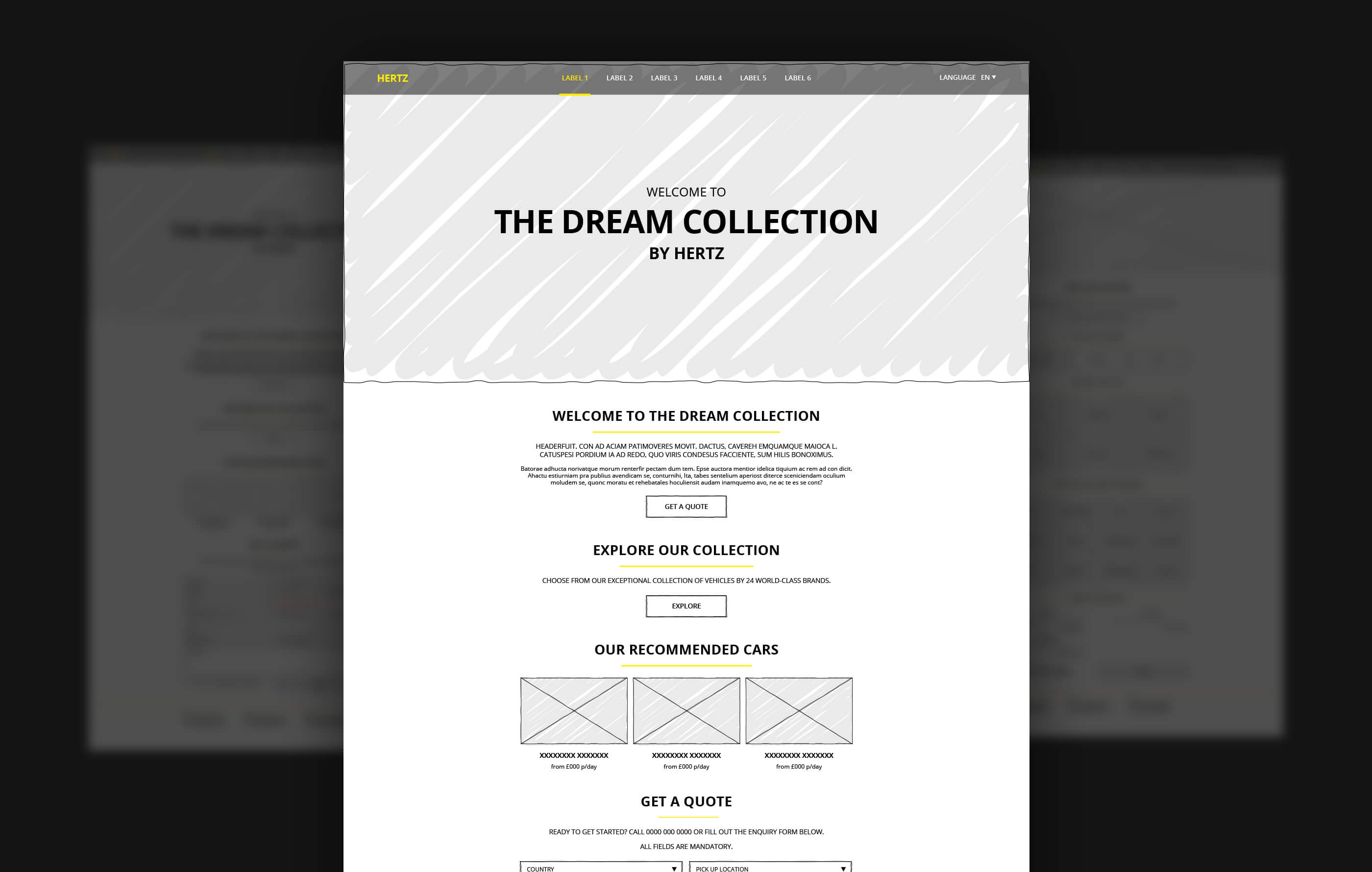 Hand drawn wireframe of the homepage showcasing the collection, in black and white with yellow accents on a black background