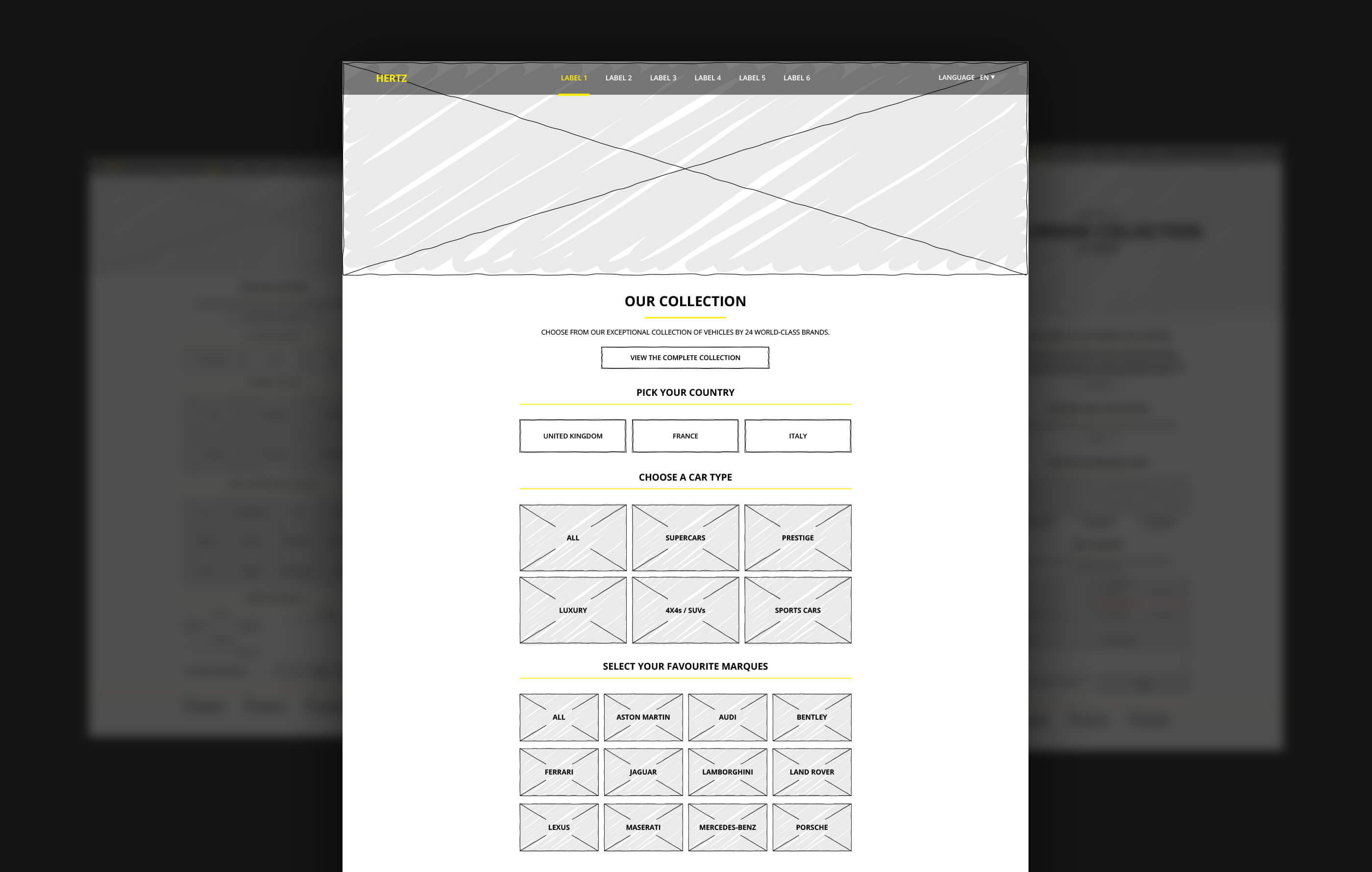Hand drawn wireframe of the homepage showcasing country, car type and marque search filters, in black and white with yellow accents on a black background