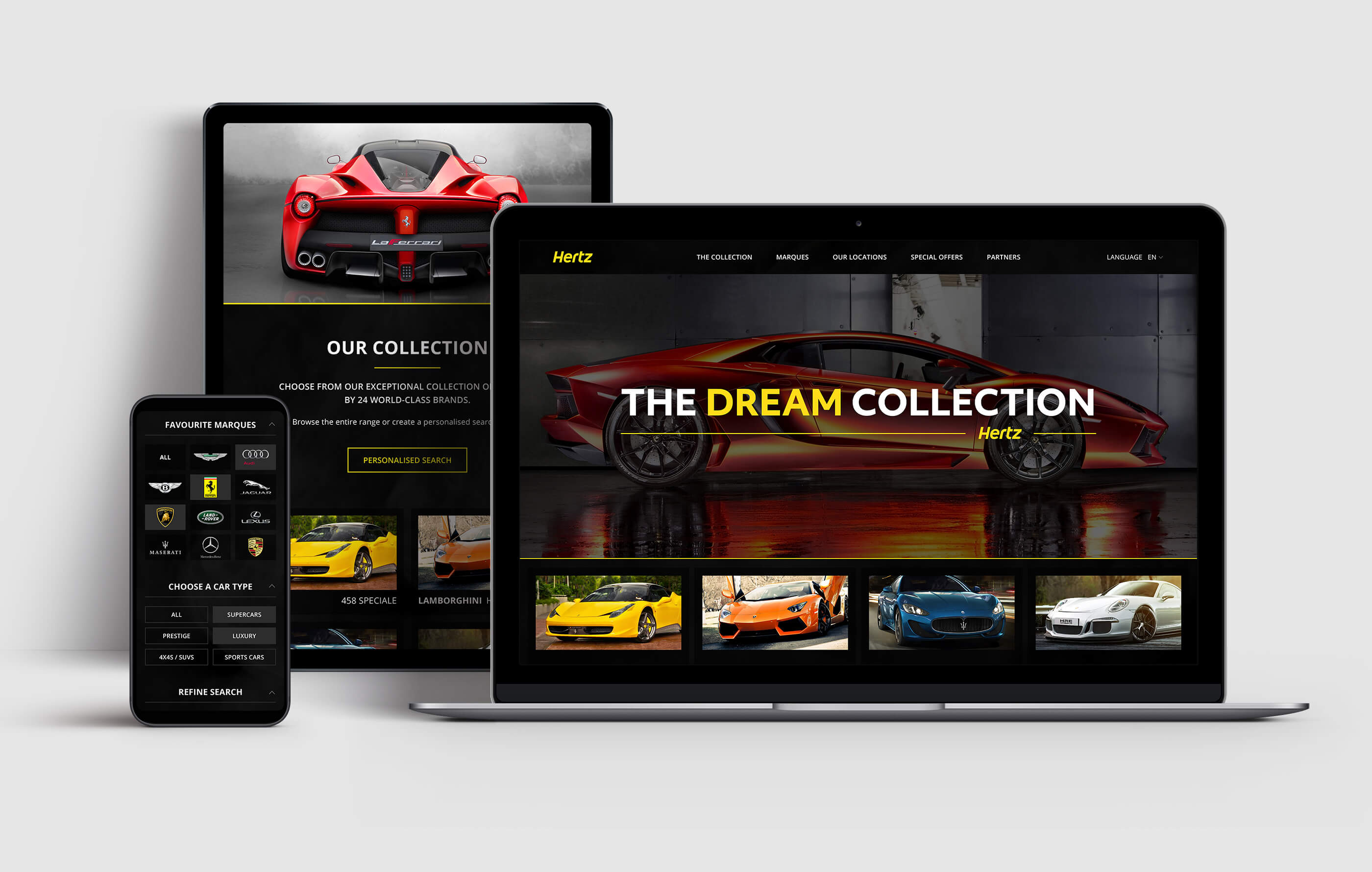Final render of the responsive Hertz Dream Collection website, shown on desktop, tablet and mobile phone on a light grey background
