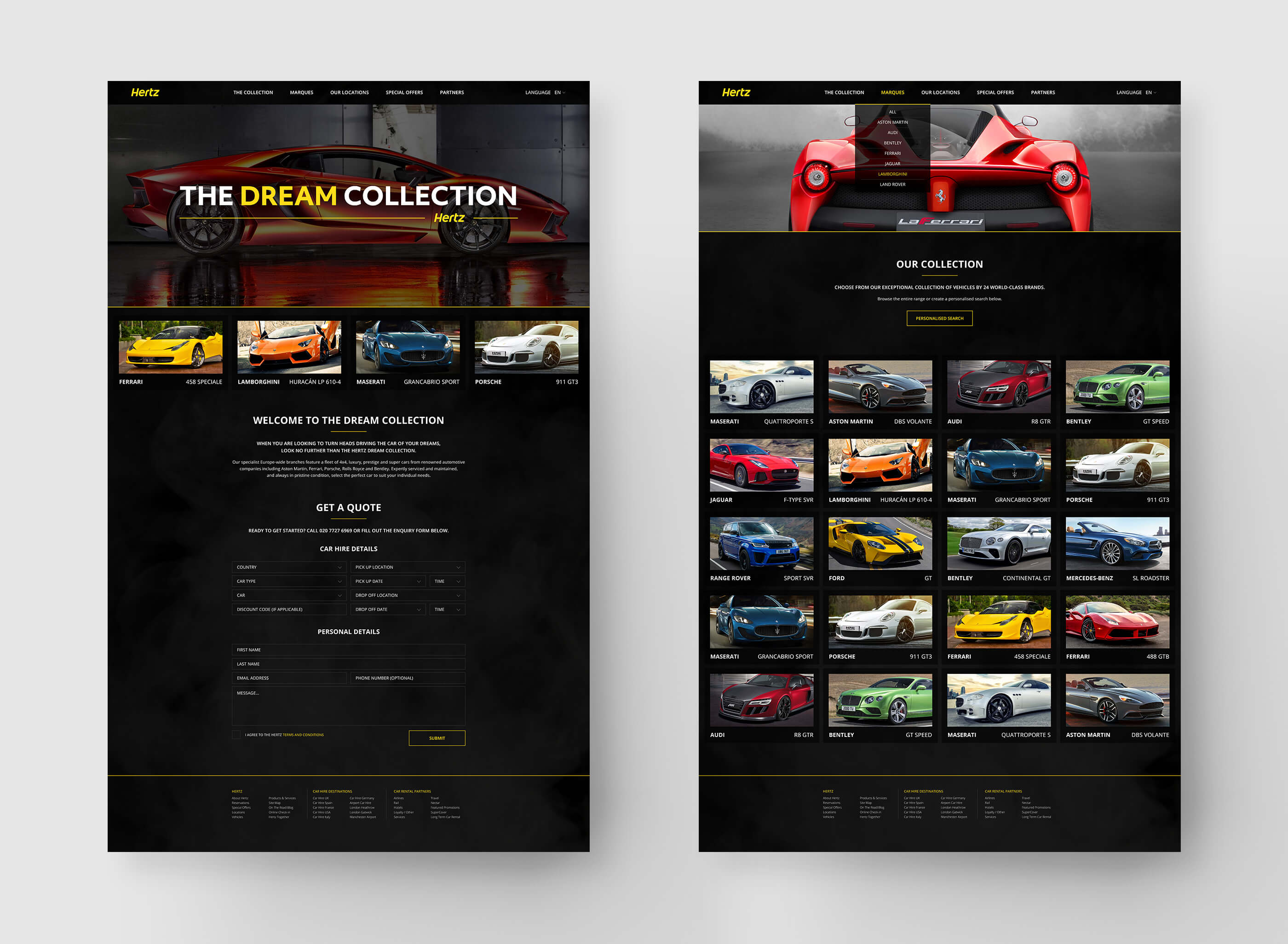 Full designs of the homepage and car collection webpages, including quote form and supercar thumbnails on a black background