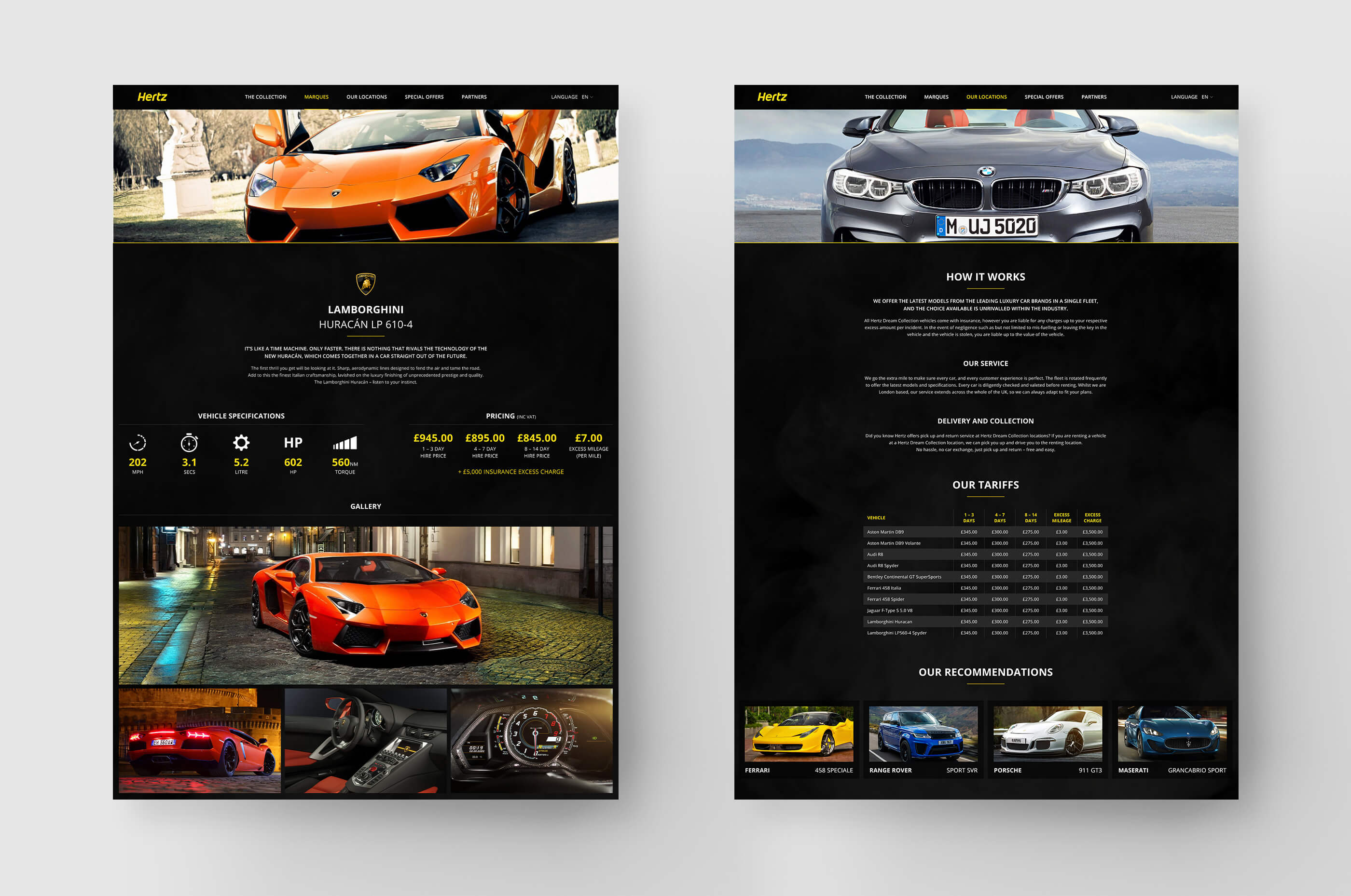 Lamborghini Huracán landing page, featuring top speed, 0–60 time, horsepower and engine specs, as well as daily hire price details