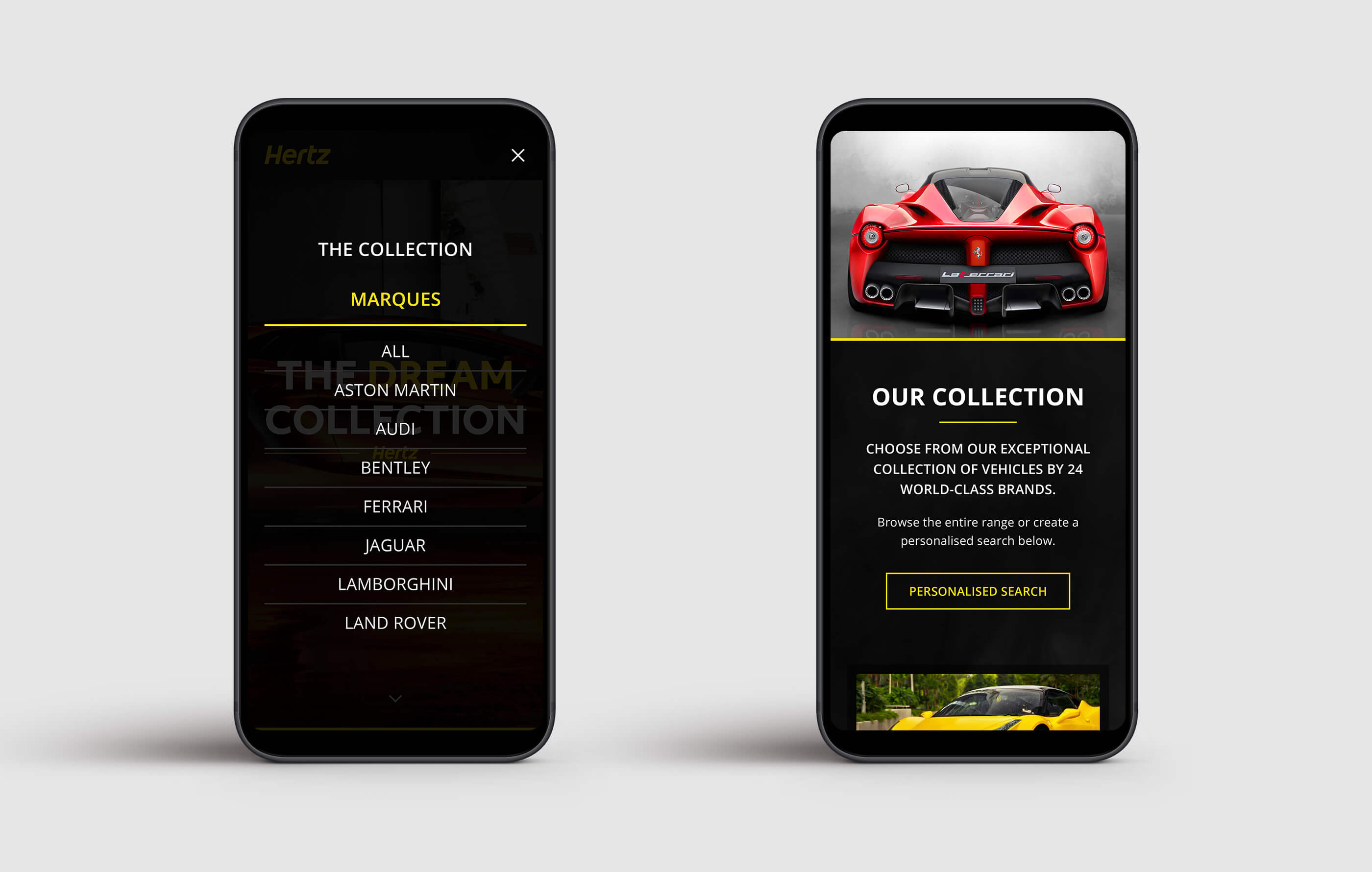 Two mobile phone mockups of the mobile navigation and collection page designs, featuring a rear picture of a red Ferrari La Ferrari