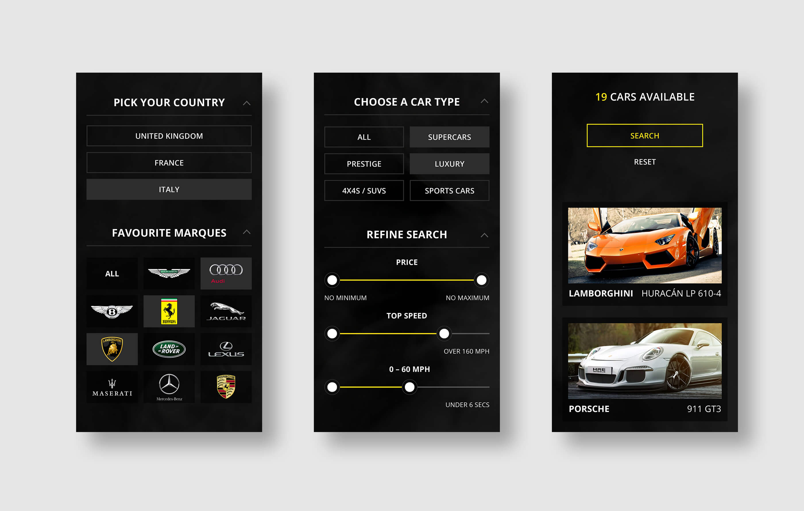 Three mobile phone mockups of the search filter page, featuring a country selector, manufacturer logos, car type selector and yellow slider components on a black background
