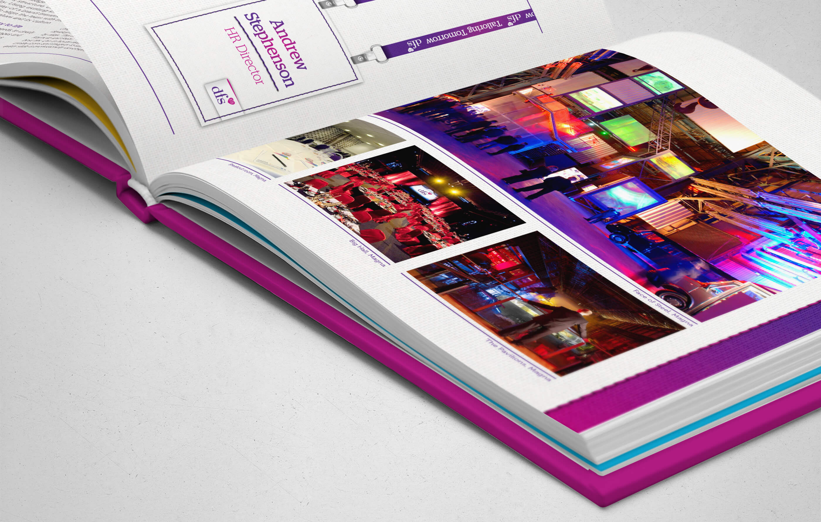 Close-up image of the proposal brochure, featuring a visual of a delegate lanyard and vibrant venue shots