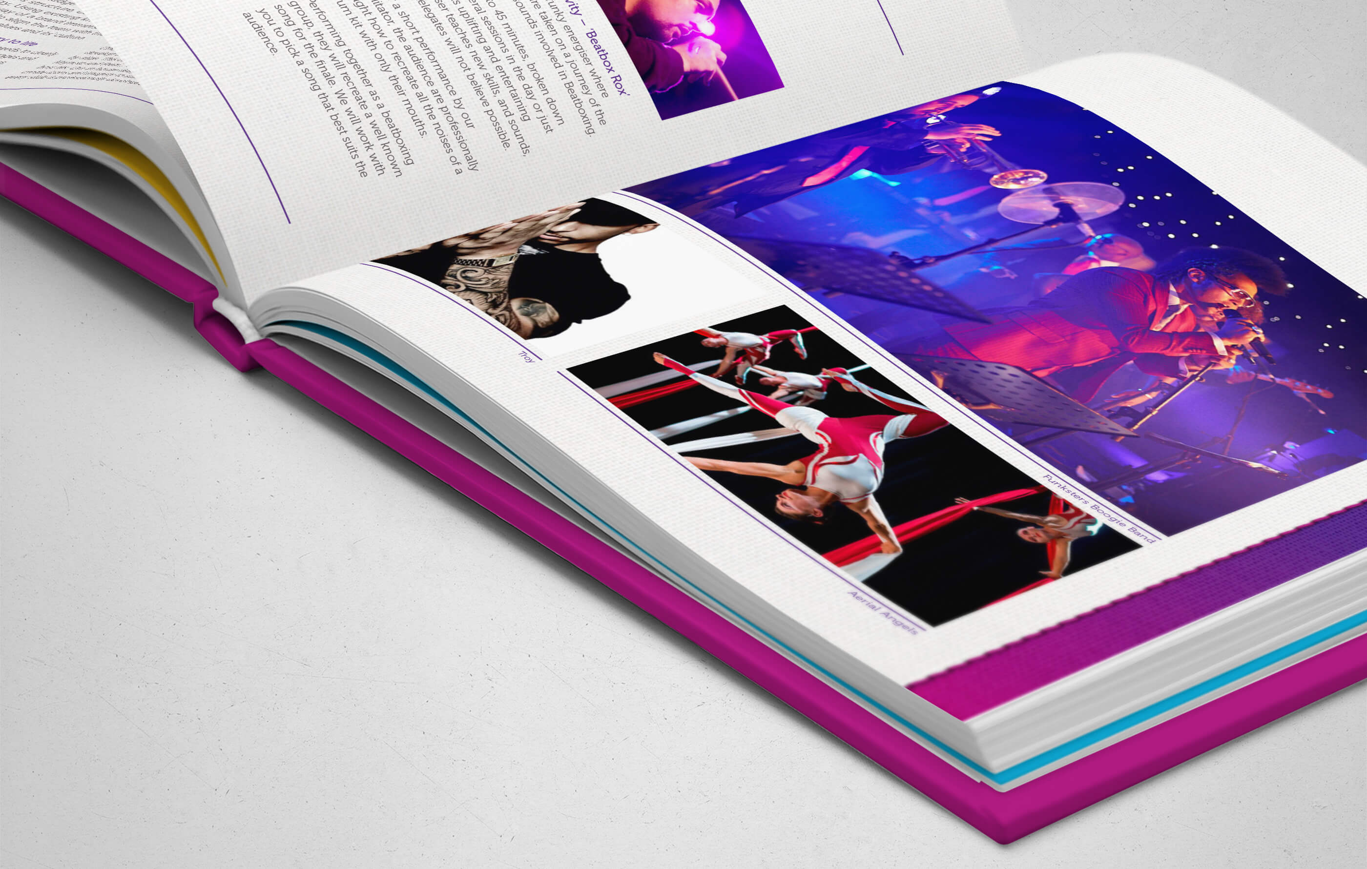 Close-up image of the proposal brochure, featuring evening entertainmnet acts such as Troy the magician