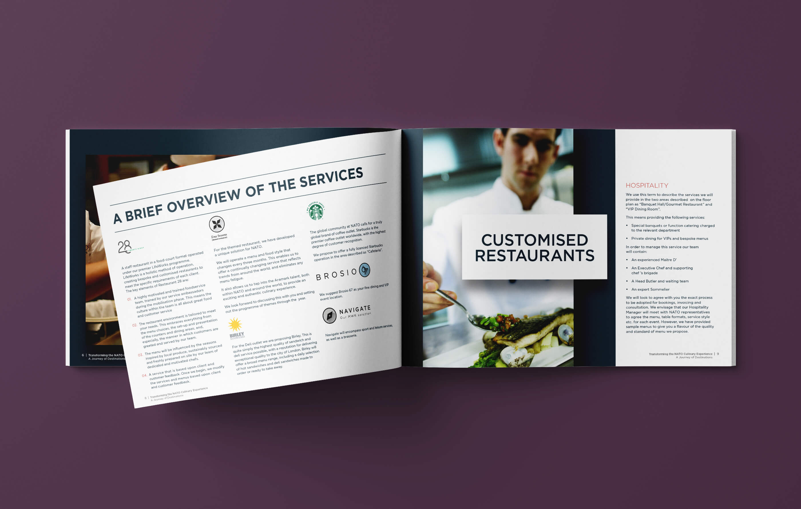 Double page spread of the A4 landscape brochure on a purple background, outlining Aramark's services including restaurants and hospitality