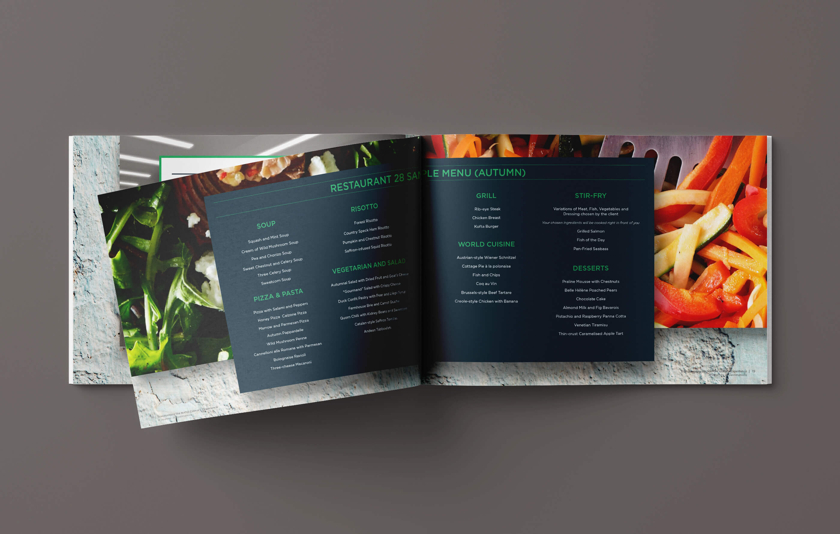 Autmun sample menu for Restaurant 28 on a dark blue background, placed above vibrant images of salad and vegetables
