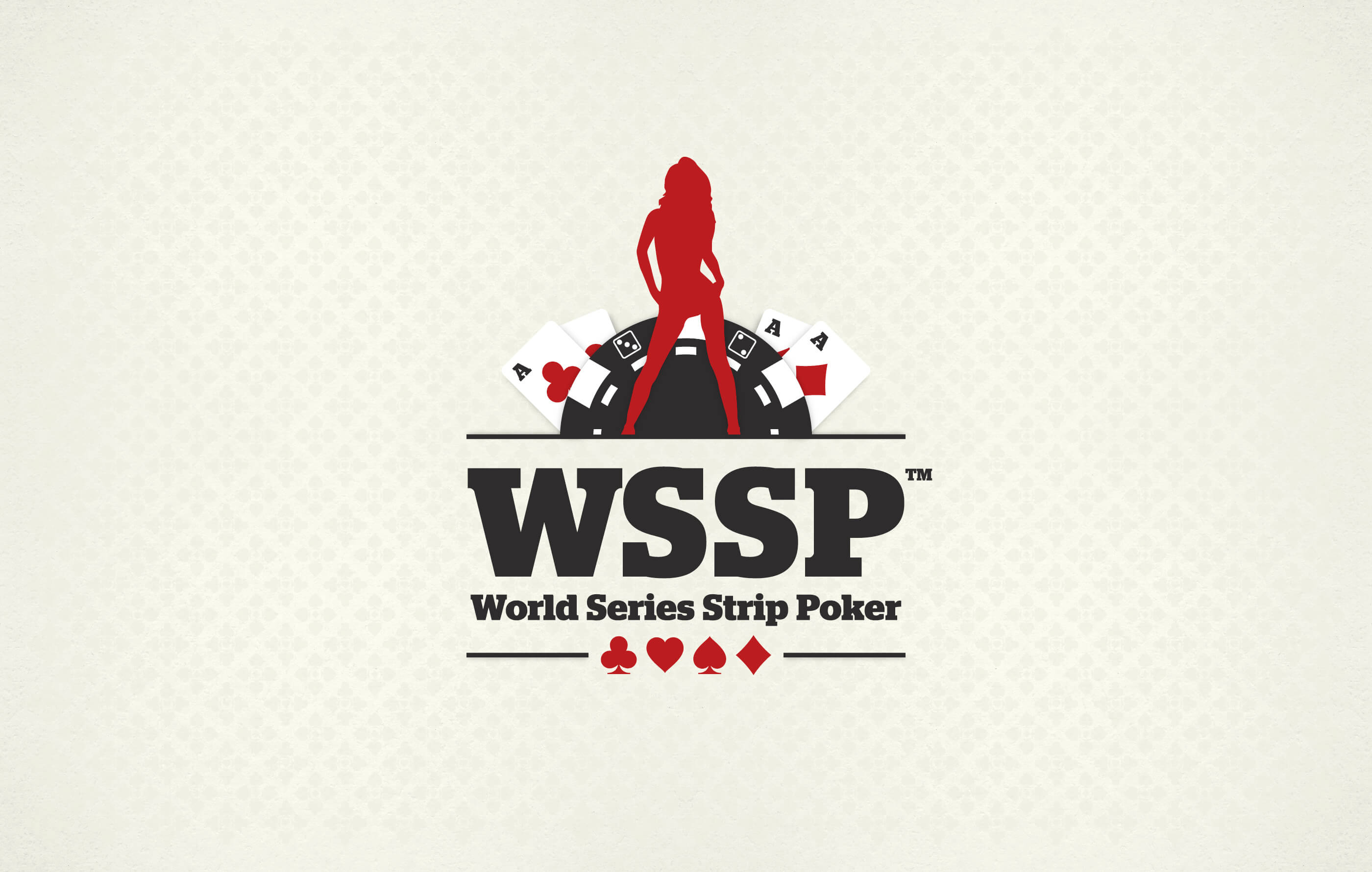 The main logo, made up of WSSP in black capital letters above the tagline World Series Strip Poker. The 4 card suit icons – hearts, spades, diamonds and clubs sit below the wording, and a woman in red stands above it