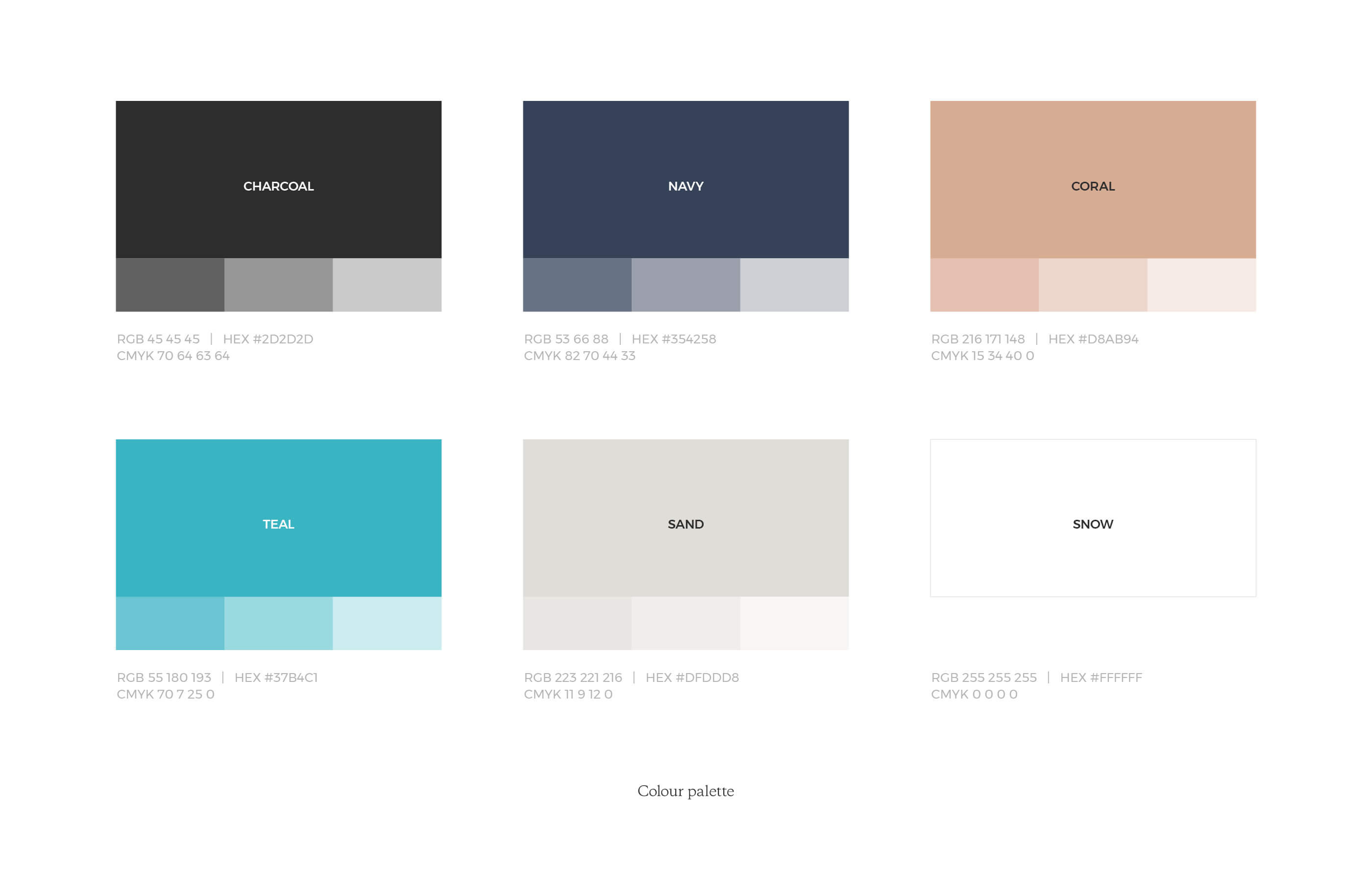 Colour palette and tints, including RBG and CMYK values
